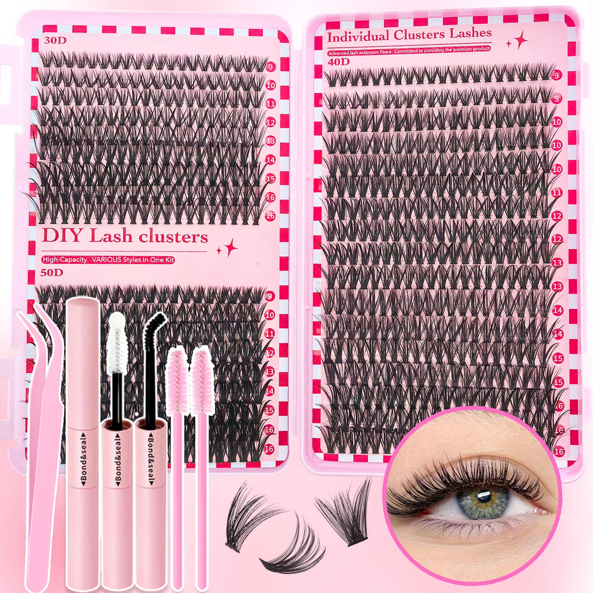 DIY lash clusters kit showing various lash styles and tools for eyelash extensions