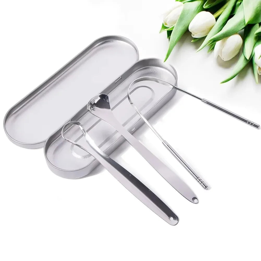 Stainless steel tongue scrapers set with a clear plastic storage case