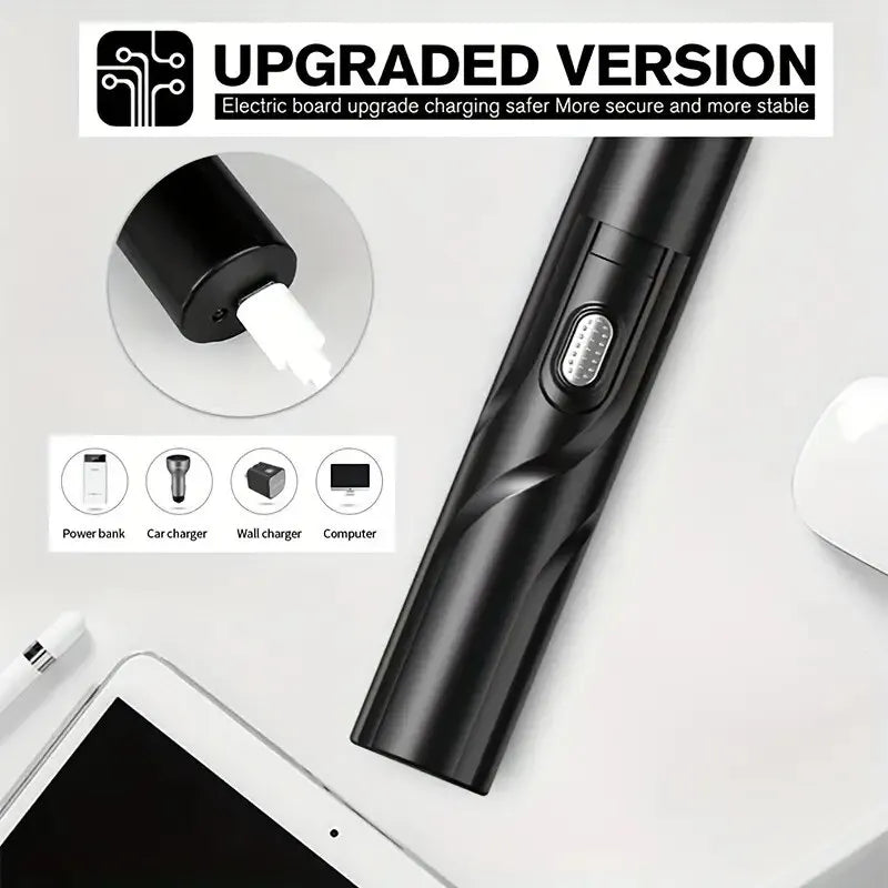 A black electric nose hair trimmer is shown next to a tablet, with text indicating an upgraded version for safer charging.