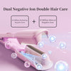 A pink hair curling wand emitting negative ions for dual negative ion double hair care.