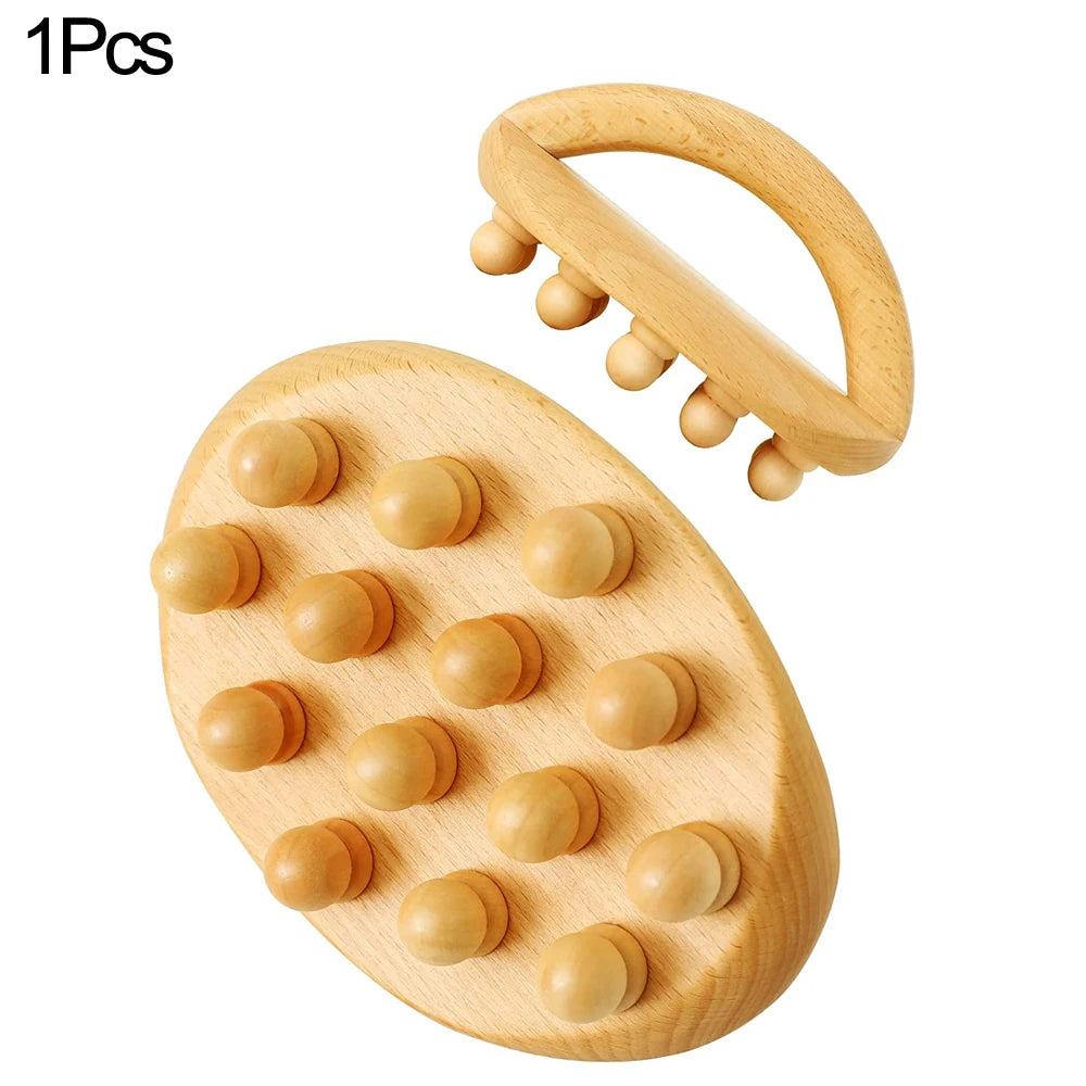 A natural wood gua sha roller with a handle and multiple rounded tools for facial massage.