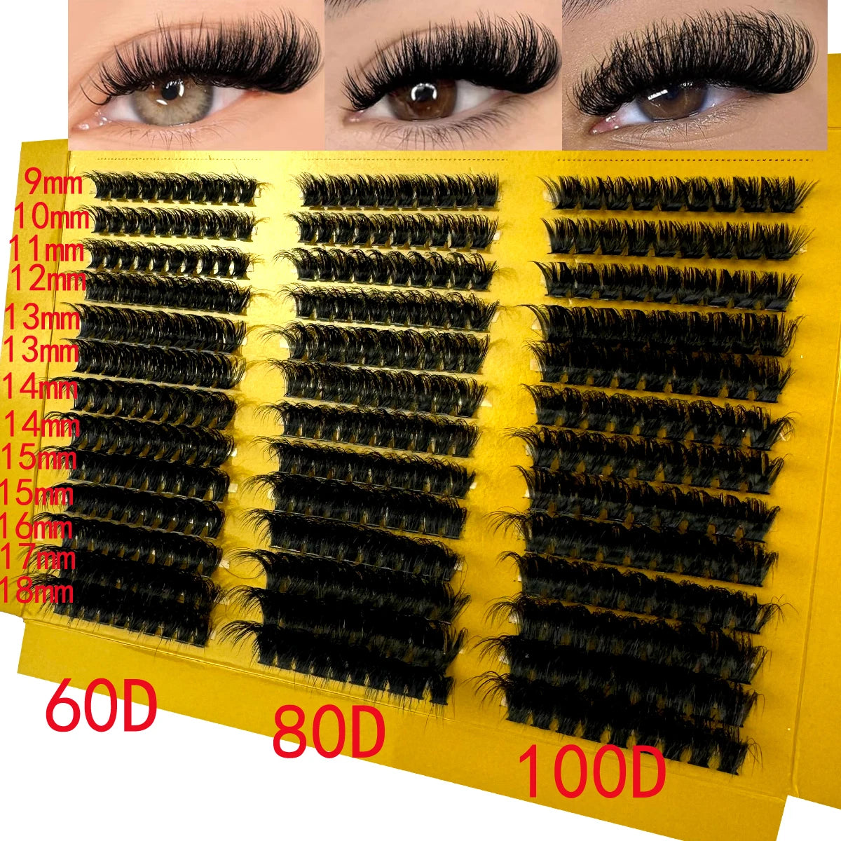 A display of DIY Mega Volume lash clusters in various lengths and densities, shown alongside finished eye looks.