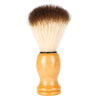 Set de afeitar y cepillo facial de madera con cabezal denso marrón oscuro y rubio claro.
