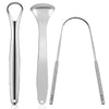 Stainless steel tongue scrapers for oral hygiene shown in a vertical and curved form