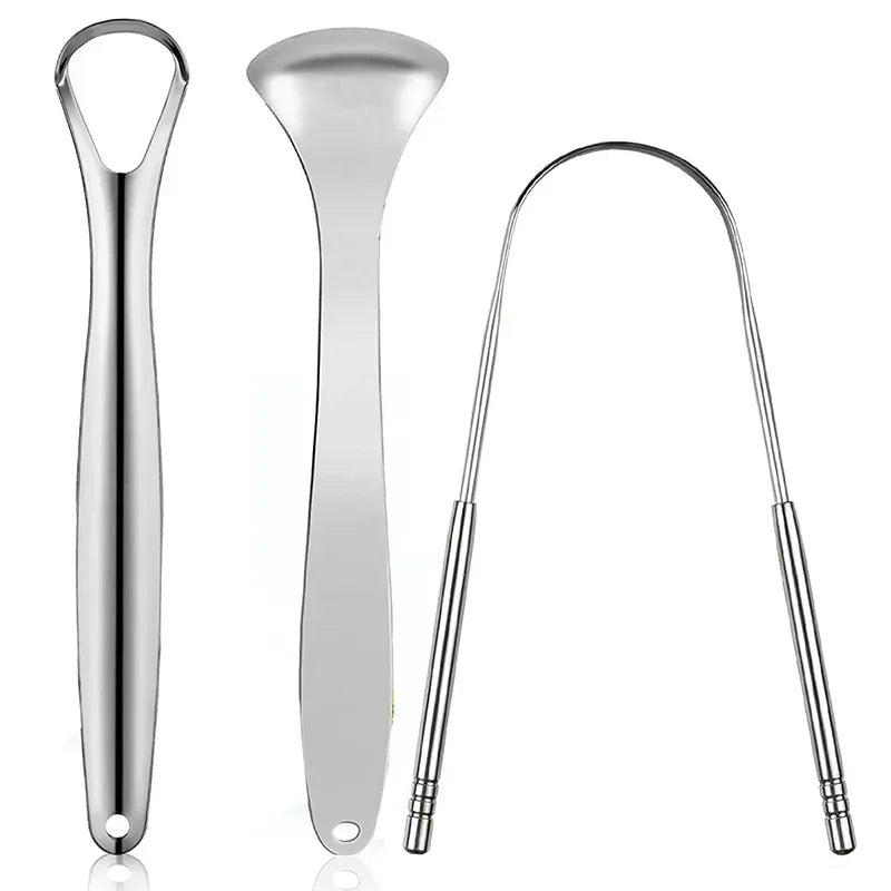 Stainless steel tongue scrapers for oral hygiene shown in a vertical and curved form