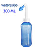 A clear blue waterpulse nasal irrigation bottle with a white nozzle and a purple cap.