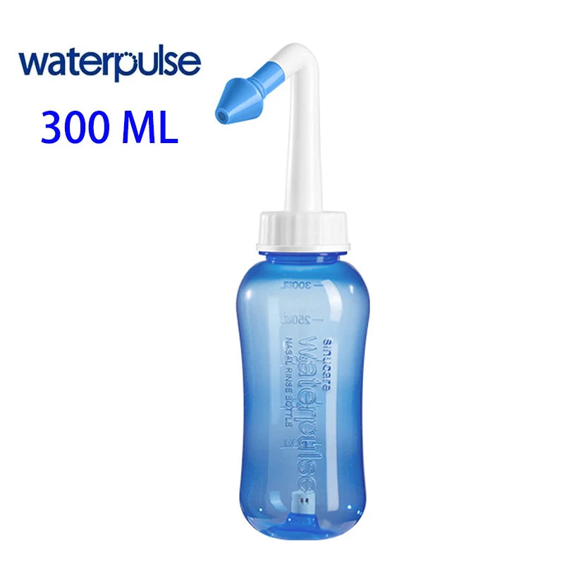 A clear blue waterpulse nasal irrigation bottle with a white nozzle and a purple cap.