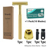 A set of gold-colored stainless steel razor blades and a safety razor kit packaged in brown cardboard.