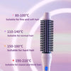 Cepillo térmico blanco sobre piedra, ilustrando 14 niveles de temperatura para diferentes tipos de cabello.