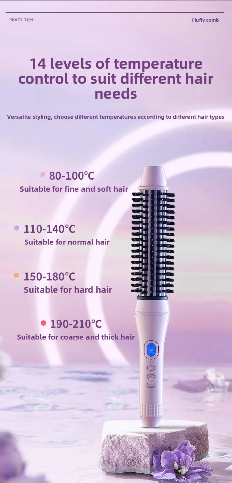 A white heated curling iron brush is displayed on a stone surface, illustrating temperature levels for different hair types.
