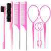 A set of eight pink hair styling brushes including combs and wide-toothed combs