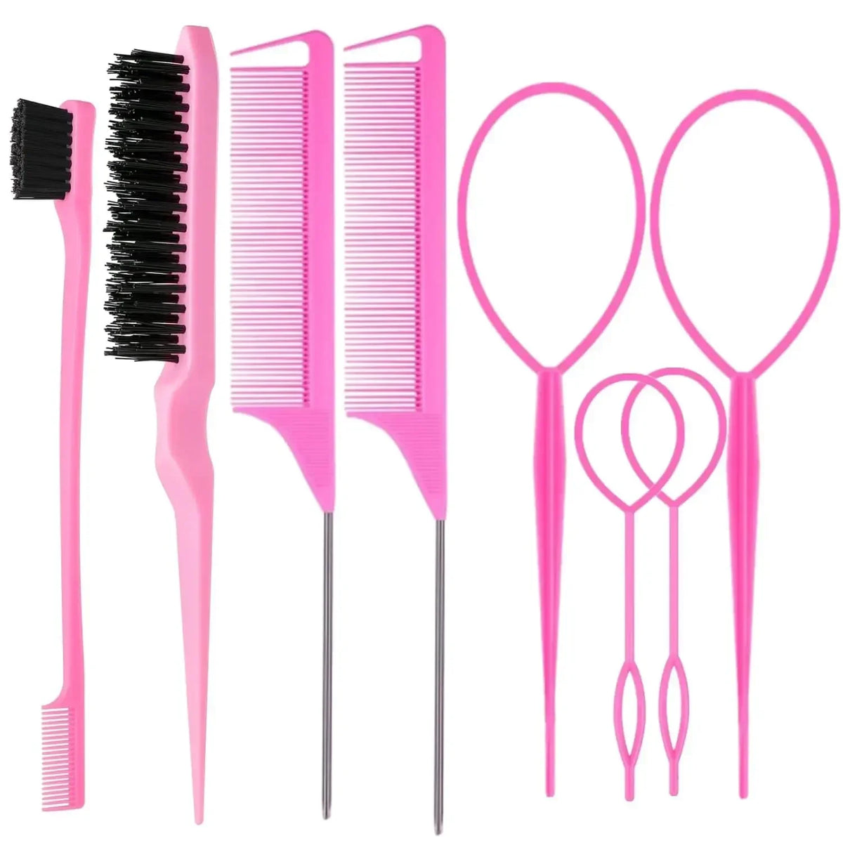 A set of eight pink hair styling brushes including combs and wide-toothed combs