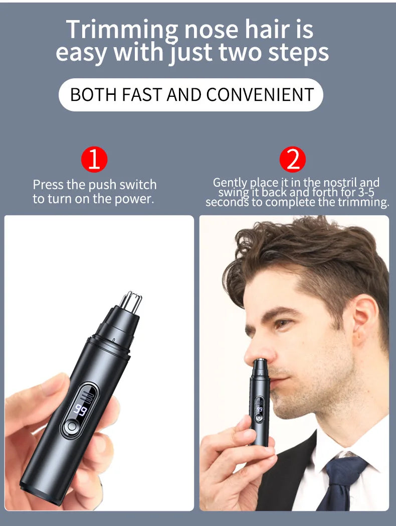 A close-up of a hand holding a black mini nose hair trimmer device.