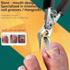 A pair of heavy-duty stainless steel nail clippers is shown gripping a person's finger, demonstrating its use for trimming na