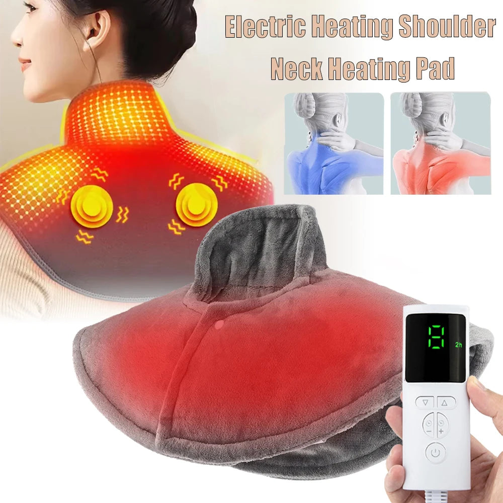 A red electric heating shoulder neck pad device with a digital display is shown on a person's neck and shoulder.