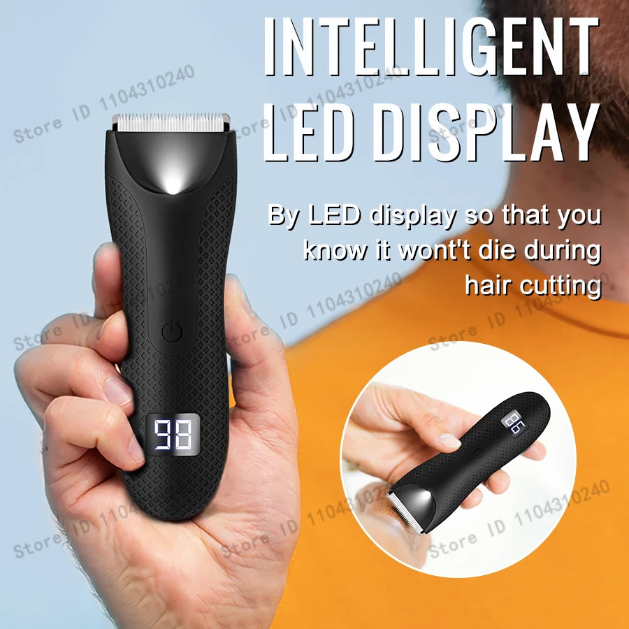 A hand holds a black hair trimmer with an intelligent LED display showing the number 98.