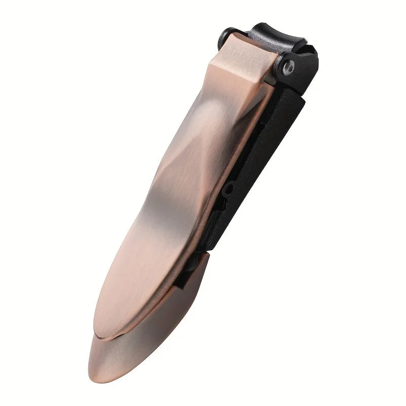 A close-up view of heavy duty self-collecting nail clippers with a rose gold finish.