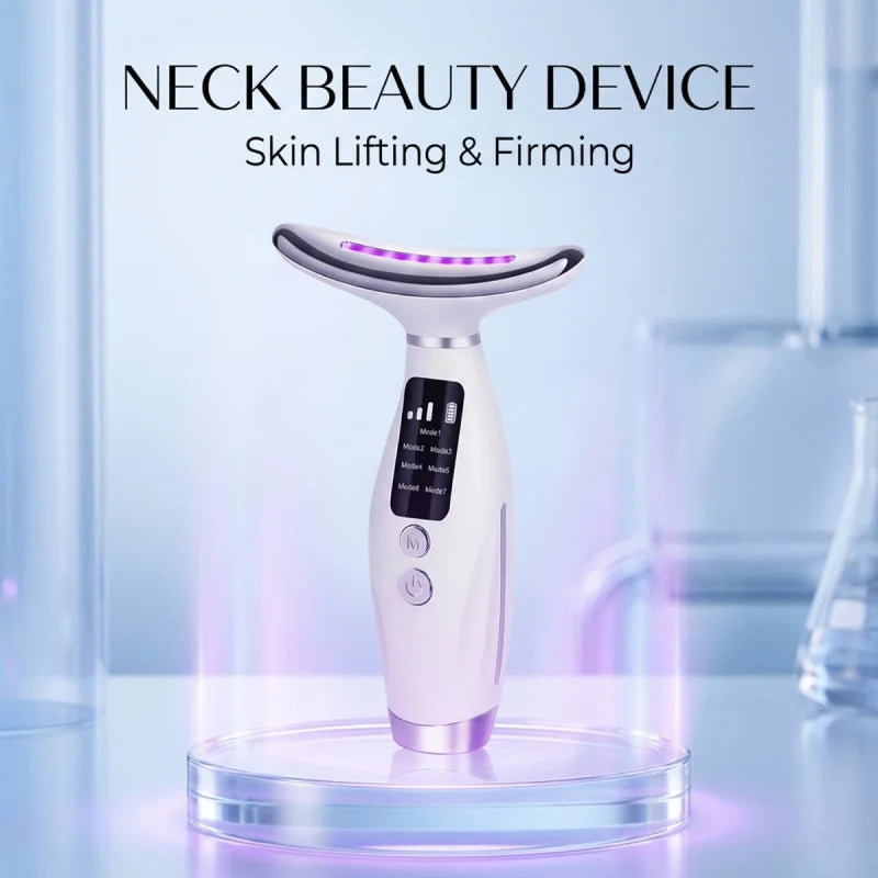 A white neck beauty device with a purple light is shown on a clear platform for skin lifting and firming.