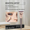 A pink flat kabuki foundation brush is shown next to a beauty box and a close-up of a woman's face.