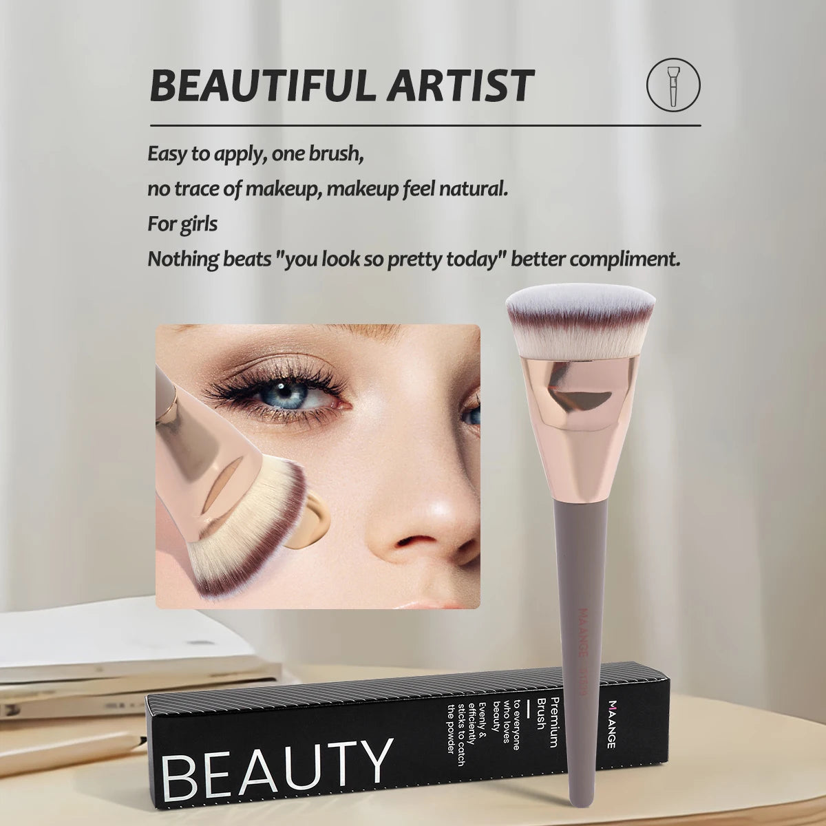 A pink flat kabuki foundation brush is shown next to a beauty box and a close-up of a woman's face.