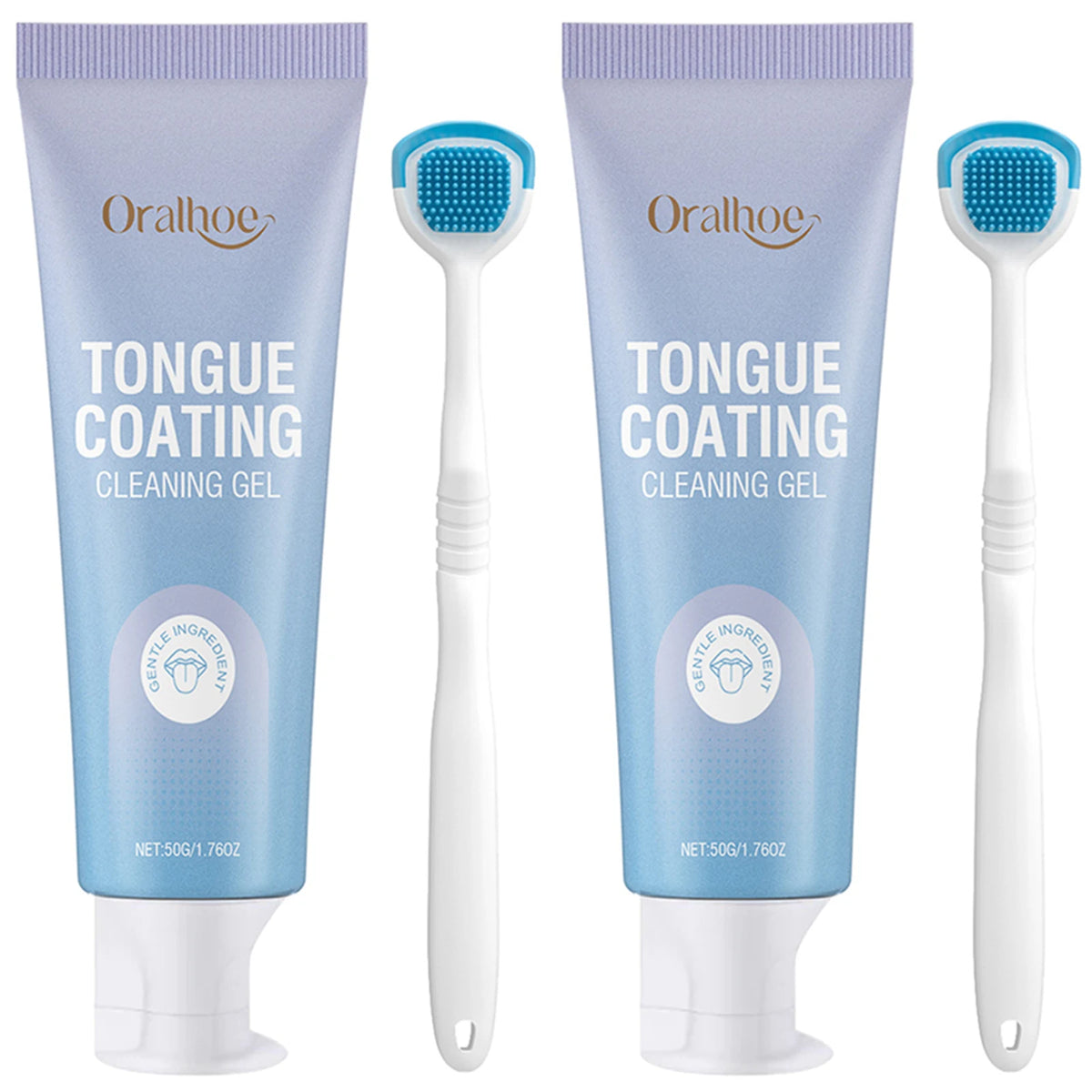A set of Oralhoe tongue coating cleaning gel tubes and white scrapers for oral hygiene.