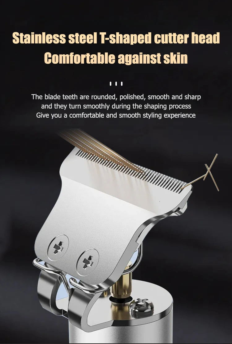 A close-up of a stainless steel T-shaped cutter head attached to a professional rechargeable hair clipper.