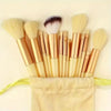 A collection of thirteen professional makeup brushes with golden handles and natural hair bristles, resting in a light yellow