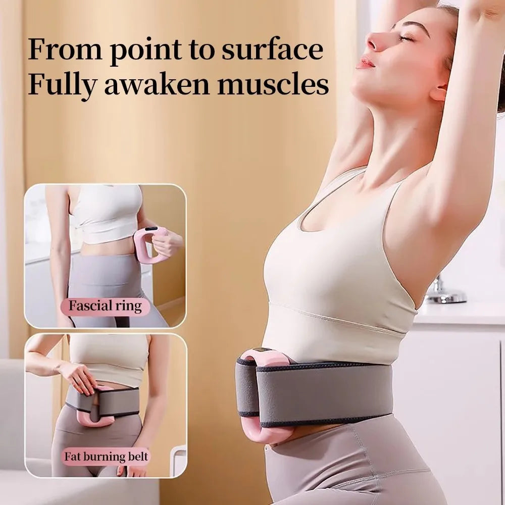 A woman is using a portable electric fascia massager belt for muscle awakening and fat burning.