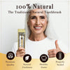 A smiling older woman holds a traditional wooden miswak toothbrush and presents various quality features.