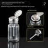 A clear glass bottle with a metal tube and plum blossom liquid pump mechanism shown in various views.