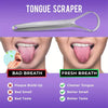 A silver tongue scraper tool shown next to images demonstrating the difference between bad breath and fresh breath.