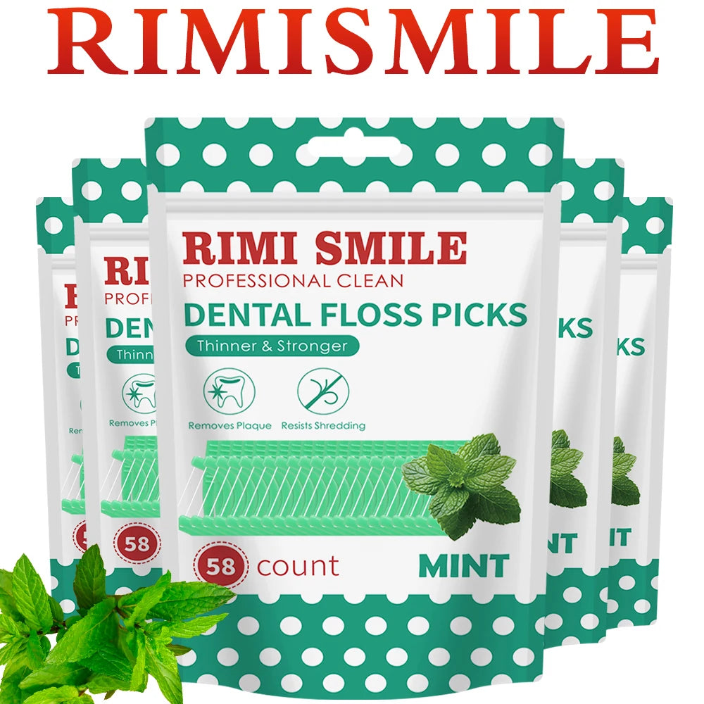 Pack of Rimi Smile professional clean dental floss picks in mint flavor with a green polka dot case
