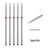 A set of five diamond nail drill bits, measuring 1.8x10.5mm, for professional manicures.