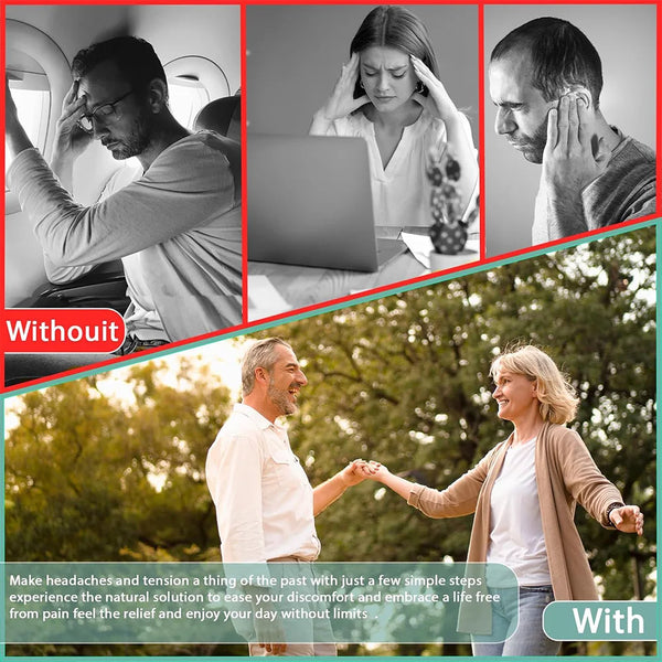 A collage showing people experiencing headaches and tension without and with a portable ear pressure relief tool.