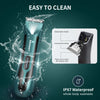 A teal electric body hair trimmer is shown with water splashing, highlighting its easy to clean and IPX7 waterproof features.