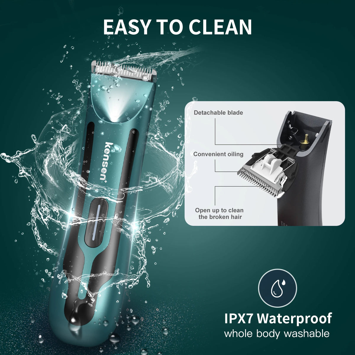 A teal electric body hair trimmer is shown with water splashing, highlighting its easy to clean and IPX7 waterproof features.