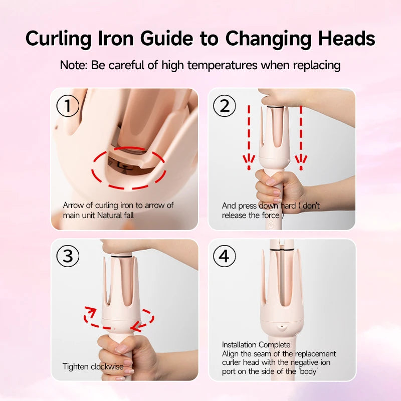 Guide showing steps for changing heads on a curling iron, including alignment and pressing down.