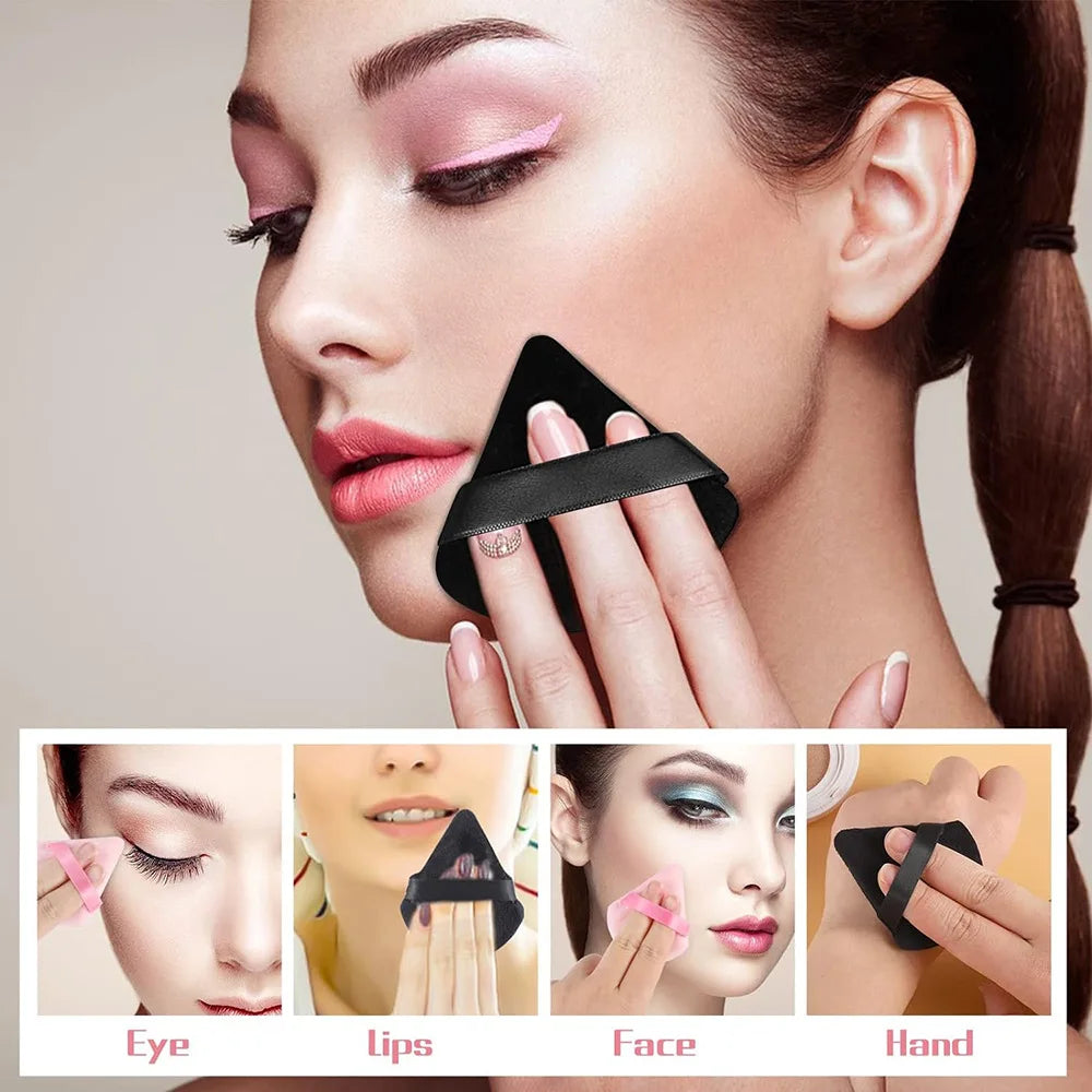 A model demonstrates a reusable velvet powder puff set for makeup application on the eye, lips, face, and hand.