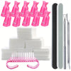 Un set de clips de remojamiento de uñas de plástico rosa y archivos de acrílico blanco para manicuras