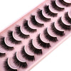 A tray of 10 pairs of natural look false mink eyelashes displayed in a pink plastic container.