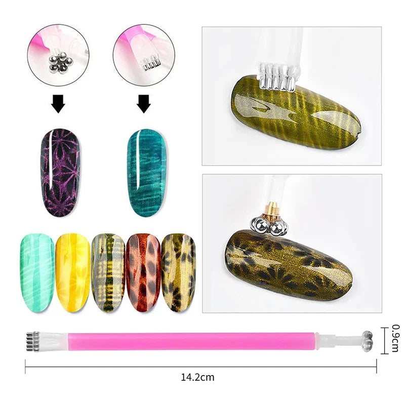 A set of three cat eye nail magnet wands with various colored tips and a pink handle for 3D nail art