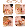 Demonstration images showing how to use a natural wood facial and scalp massage comb for face, nose, forehead, and jaw massag