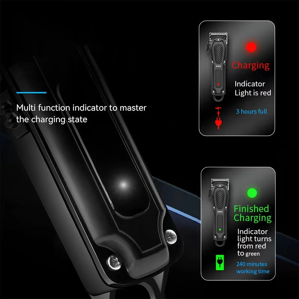 A professional electric hair clipper trimmer showing indicators for charging and finished charging states.