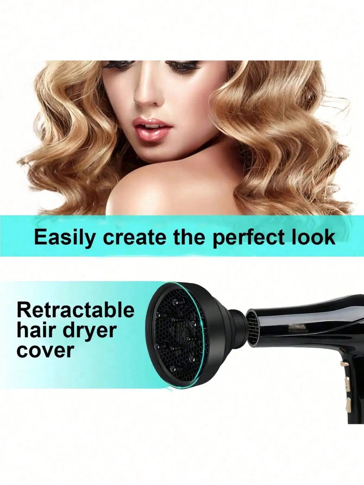 A black hair dryer with a silicone diffuser cover is shown next to a woman's face.