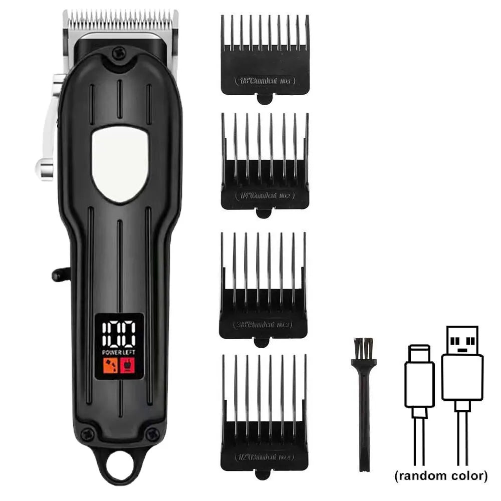 A set of professional cordless hair clippers with various guard attachments and a charging base.
