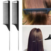 A set of black hair styling brushes shown next to a section of brown hair being styled.