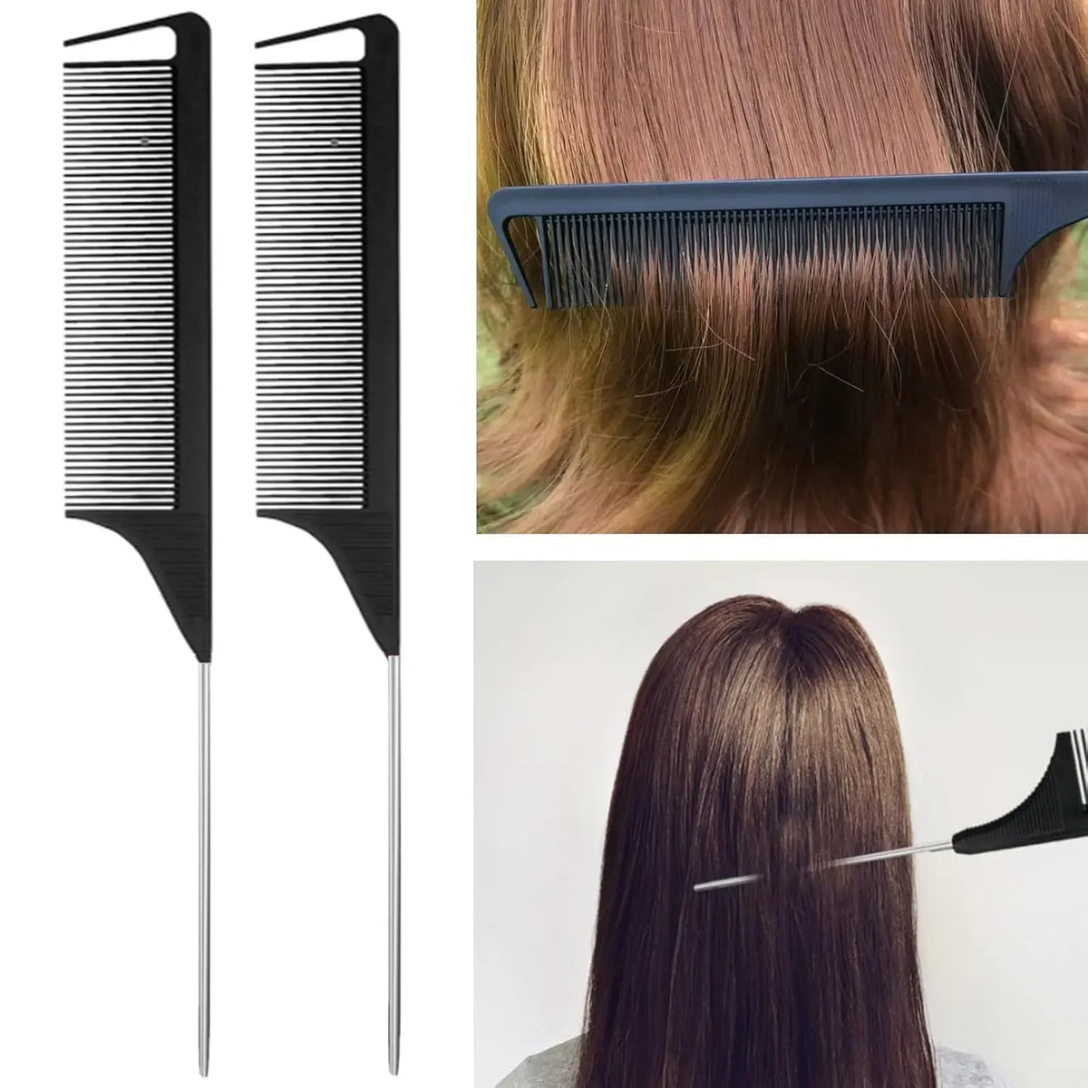 A set of black hair styling brushes shown next to a section of brown hair being styled.
