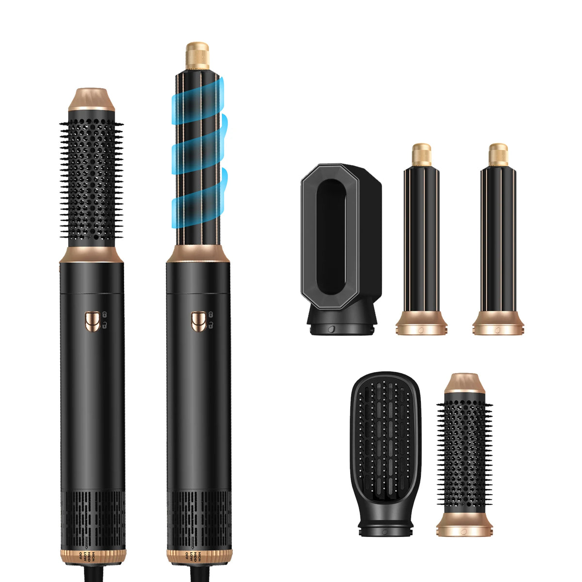 A collection of five professional hair styling tools including a dryer and various brushes in black and gold.