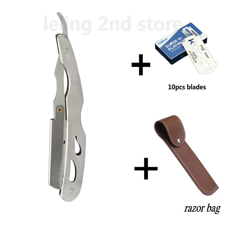 A silver straight edge barber razor with a protective cover and ten replacement blades in a box.