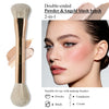 A double-ended powder and angel blush brush shown next to a model demonstrating its use for makeup application.
